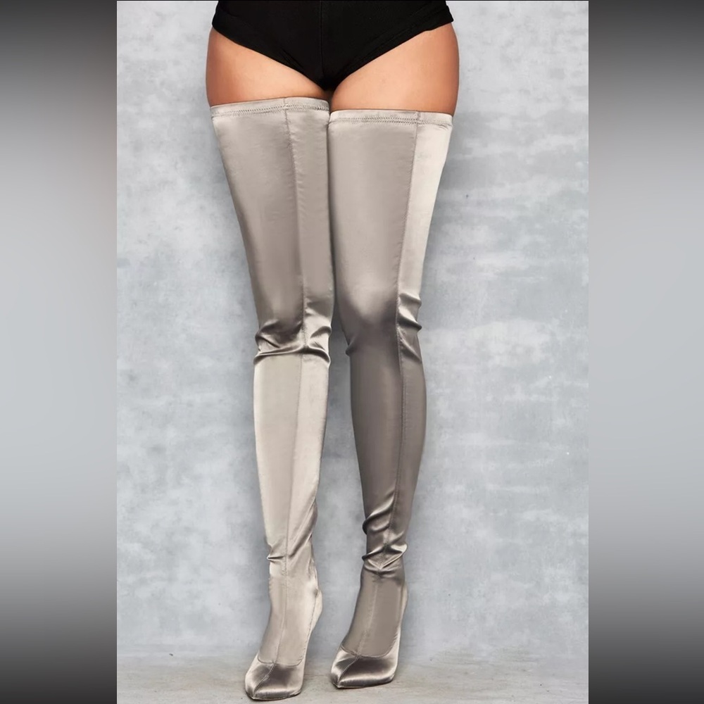 MISTRESS ROCKS 'Icon' Grey Satin Pu$$y-High Thigh Boots Size 8